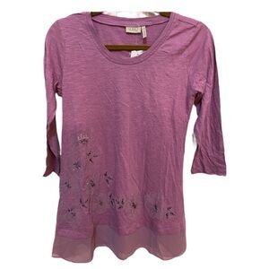 LOGO purple 3/4 sleeve beaded floral blouse